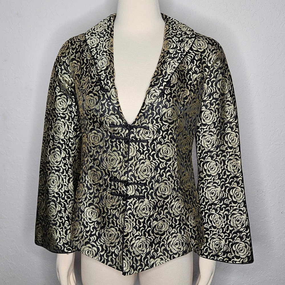 Grace Chuang New York Womens‎ Gold Black Floral Brocade Frog Toggle Blazer M 10